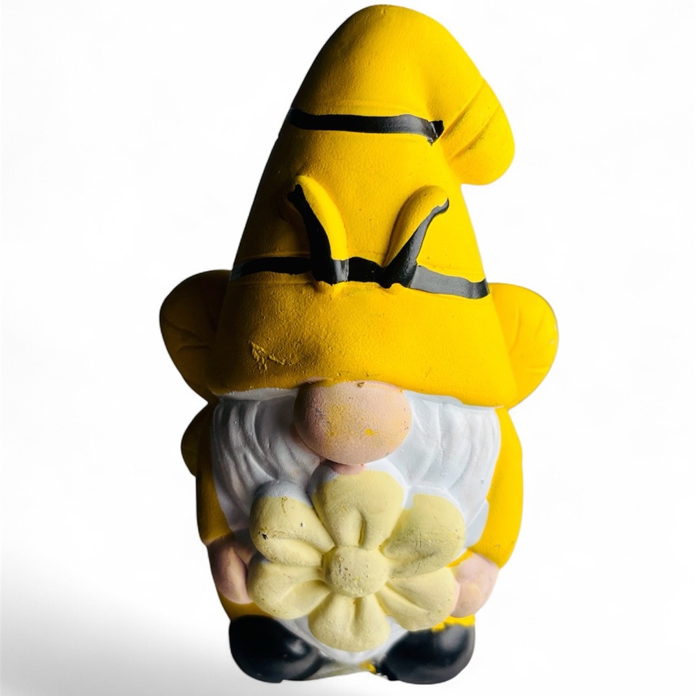 Whimsical Bumble Bee Garden Gnome Figurine | Yellow & Black Holding Flower
